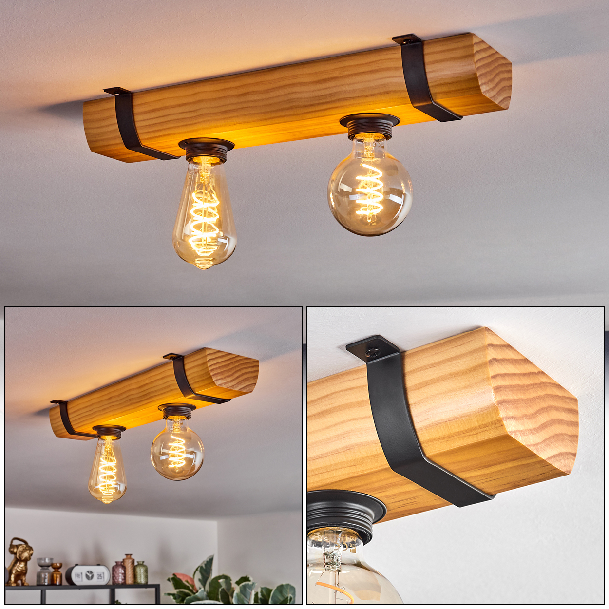 Holzdeckenleuchte mit zwei Edison-Glühbirnen und schwarzen Halterungen.