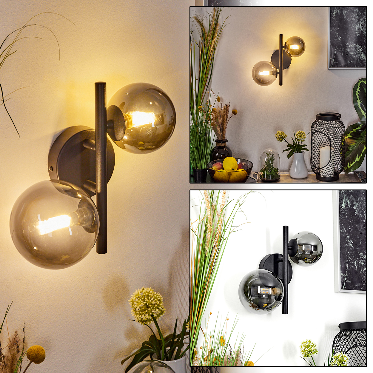 Eine moderne Wandleuchte mit zwei rauchglasnen Kugeln auf dunklem Metallrahmen.
