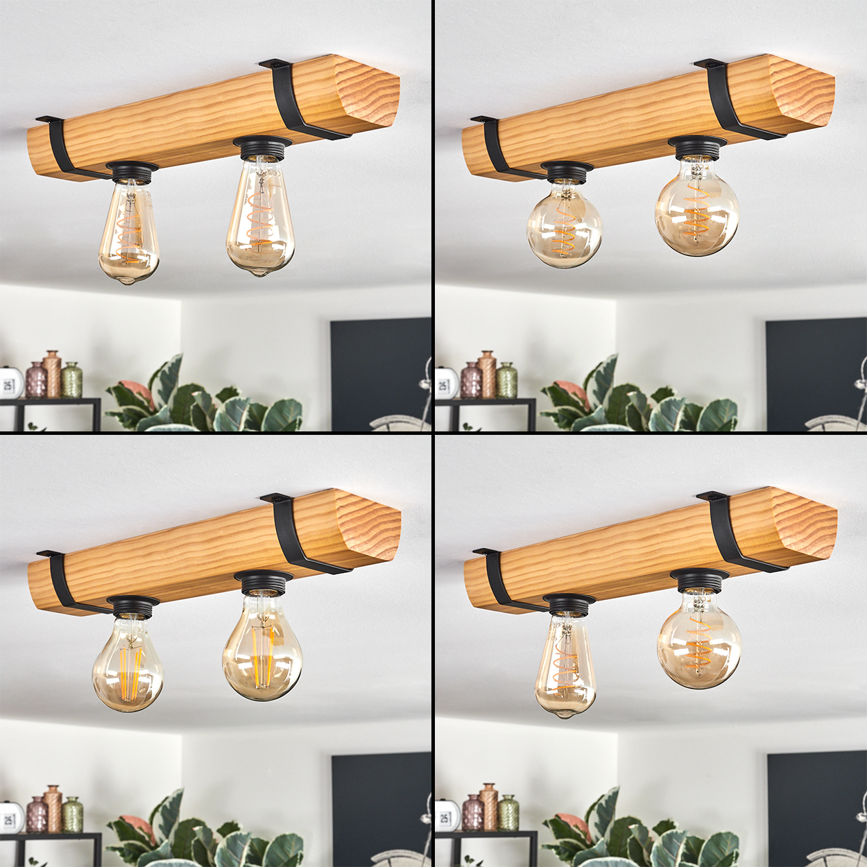 Holzbalken-Deckenleuchte mit zwei Edison-Glühbirnen und schwarzen Halterungen.