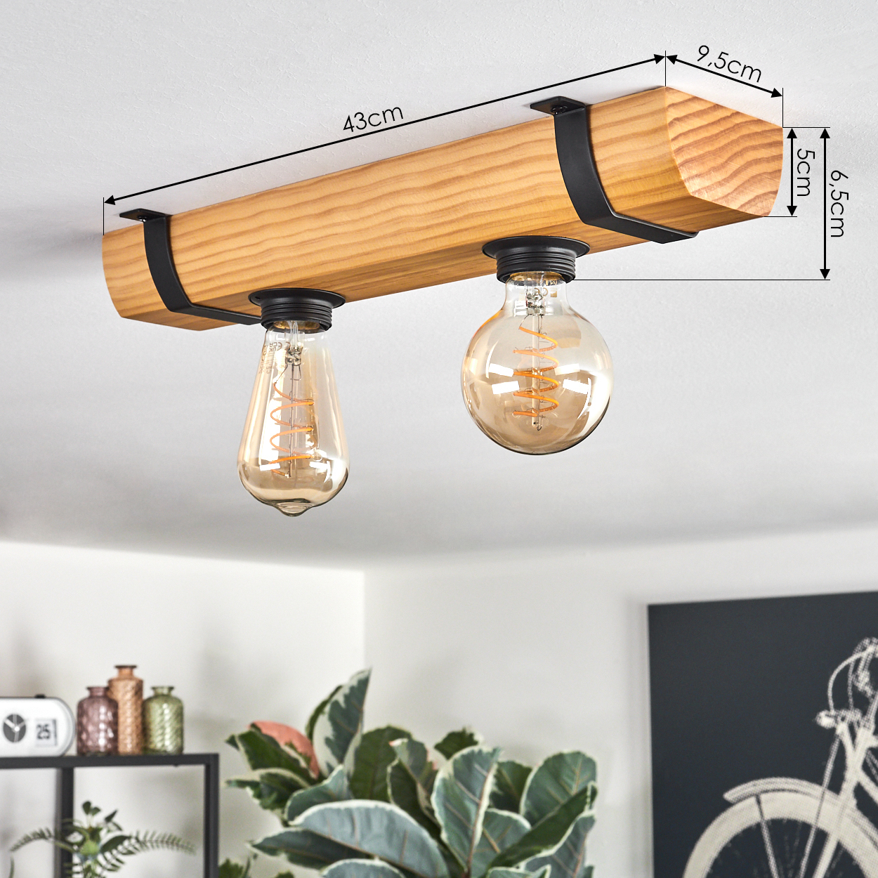 Holzbalkenlampe mit zwei Glühbirnen, Maße angegeben.