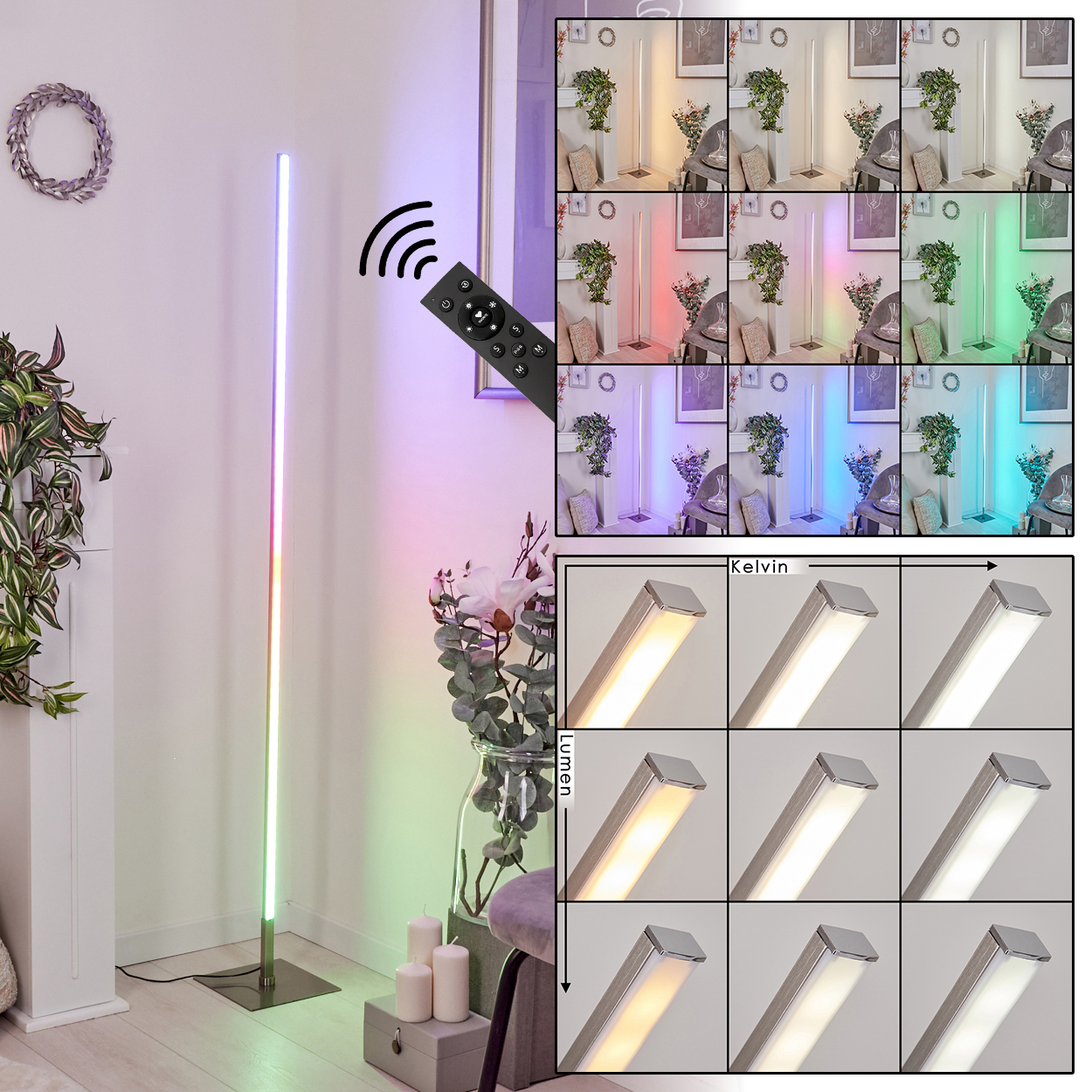Eine moderne Stehlampe mit Farbwechsel-LEDs und Fernbedienung. Zeigt verschiedene Farben.