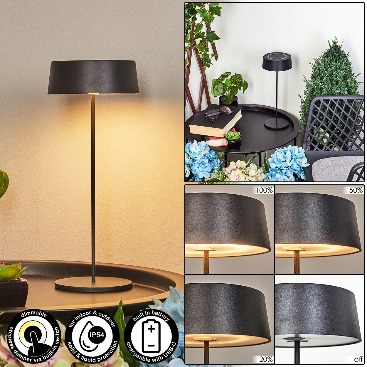 Schwarze Tischlampe mit dimmbarem Licht, für drinnen und draußen, IP54, Akku mit USB-C.