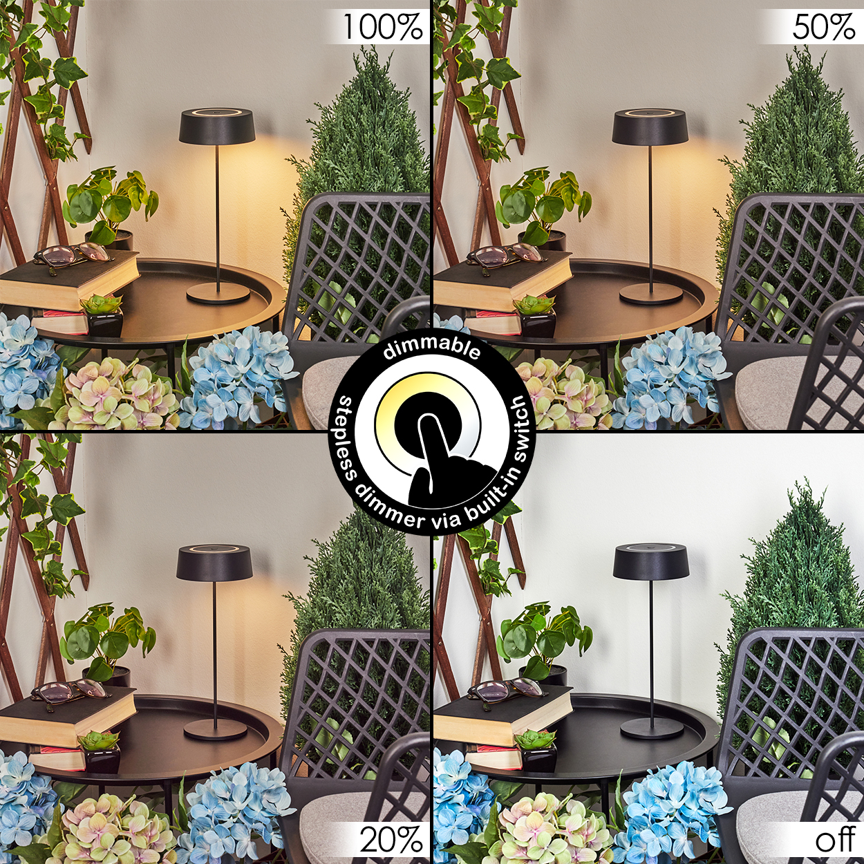 Vier Ansichten einer Tischlampe bei 100%, 50%, 20% und Aus.