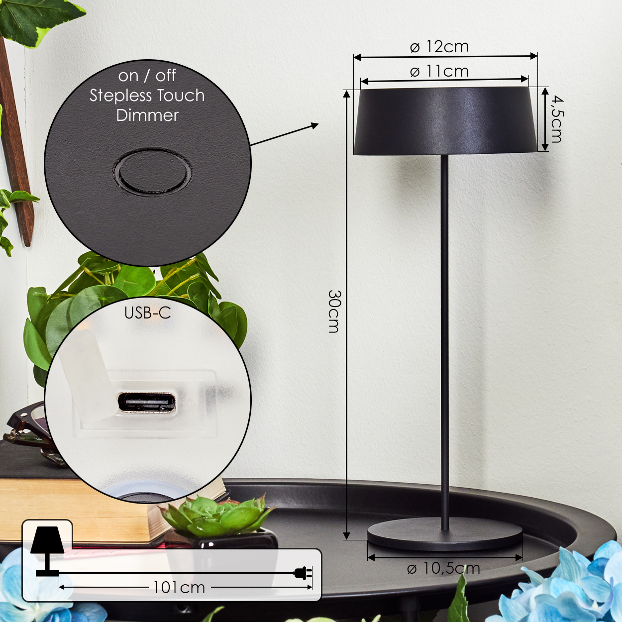 Schwarze Tischlampe mit Touch-Dimmer und USB-C-Anschluss. Maße: 30cm hoch.