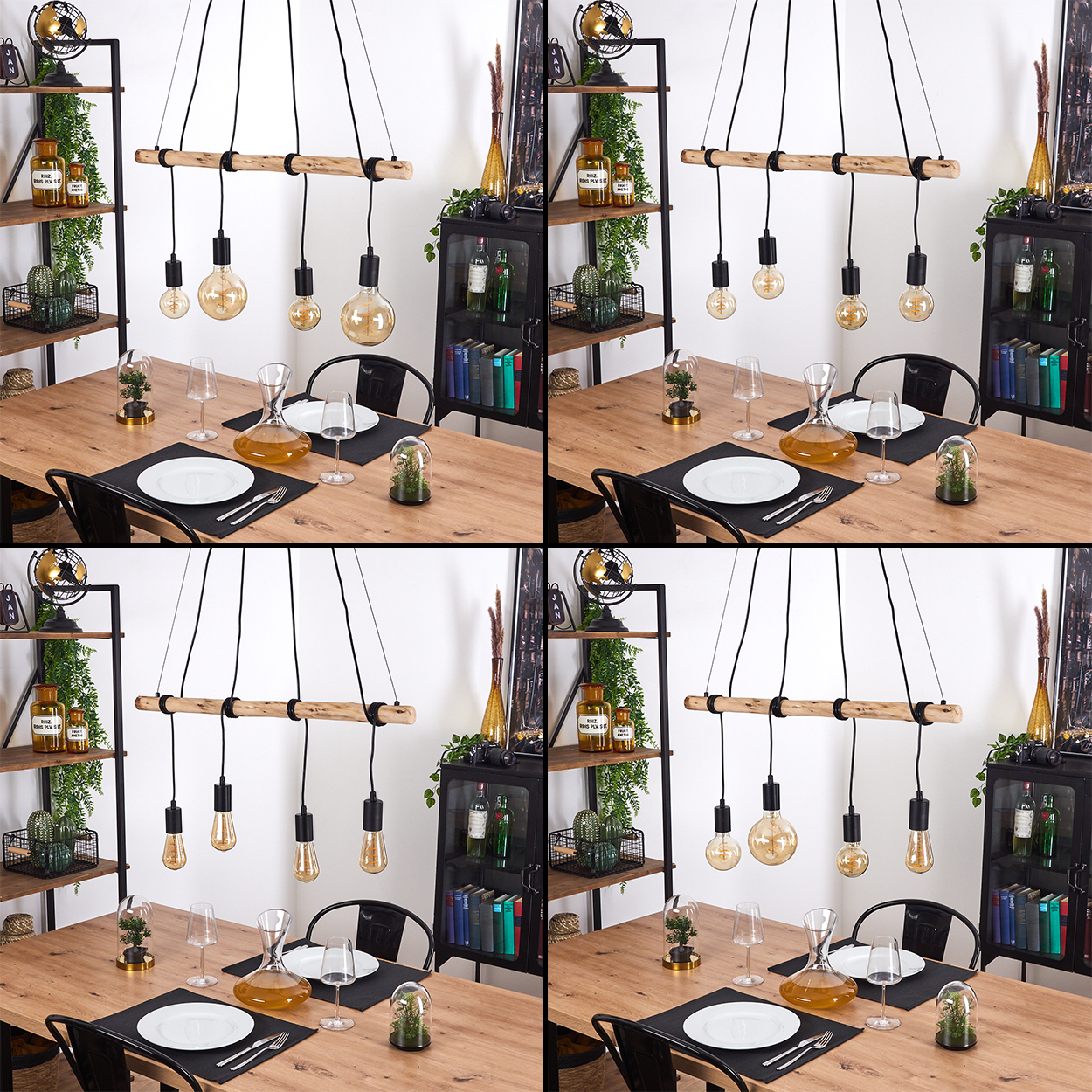 Ein Holzbalken mit vier hängenden Glühbirnen über einem Holztisch mit gedeckter Tafel.