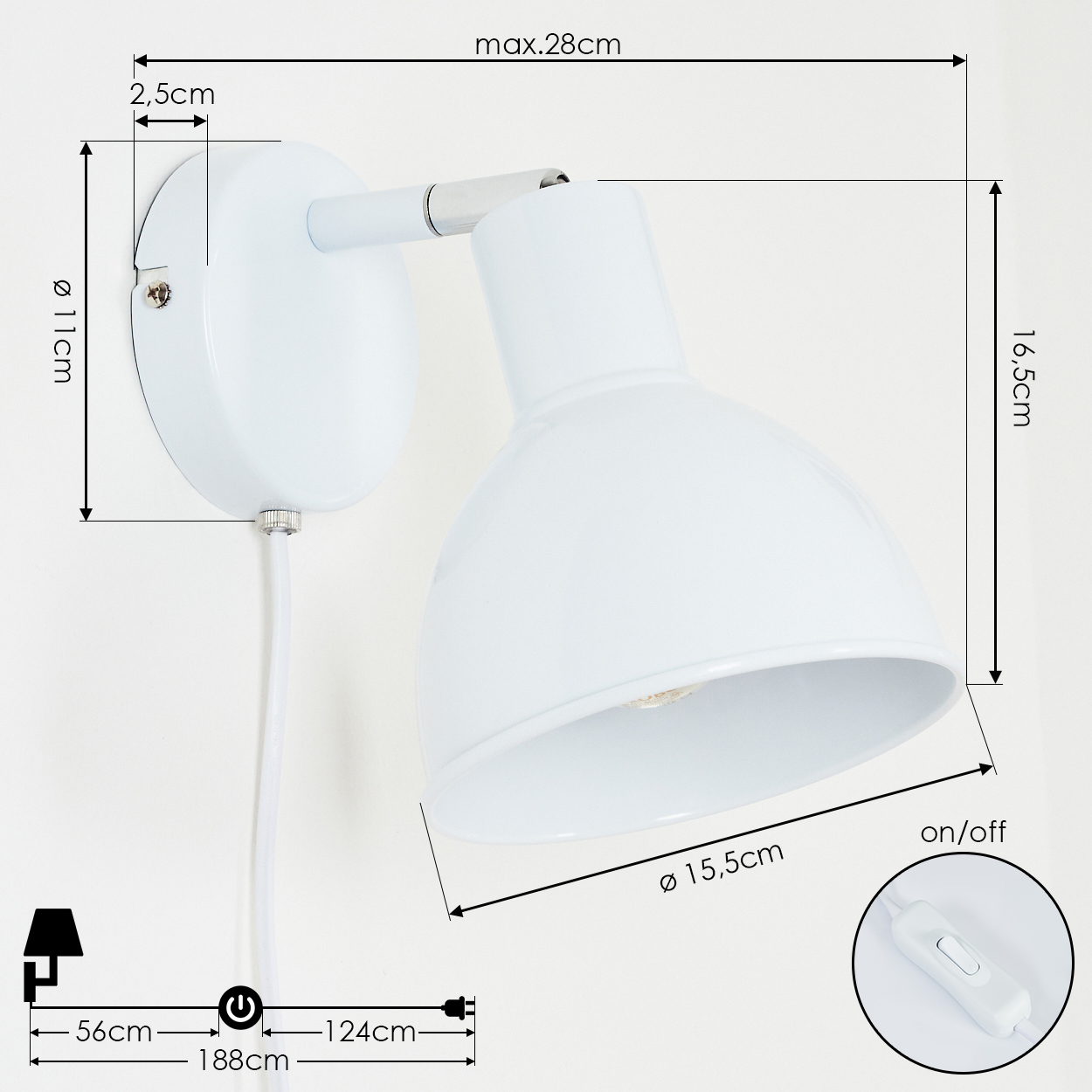 Weiße Wandleuchte mit Maßen: max. 28cm, Ø 11cm, 16.5cm, Ø 15,5cm.