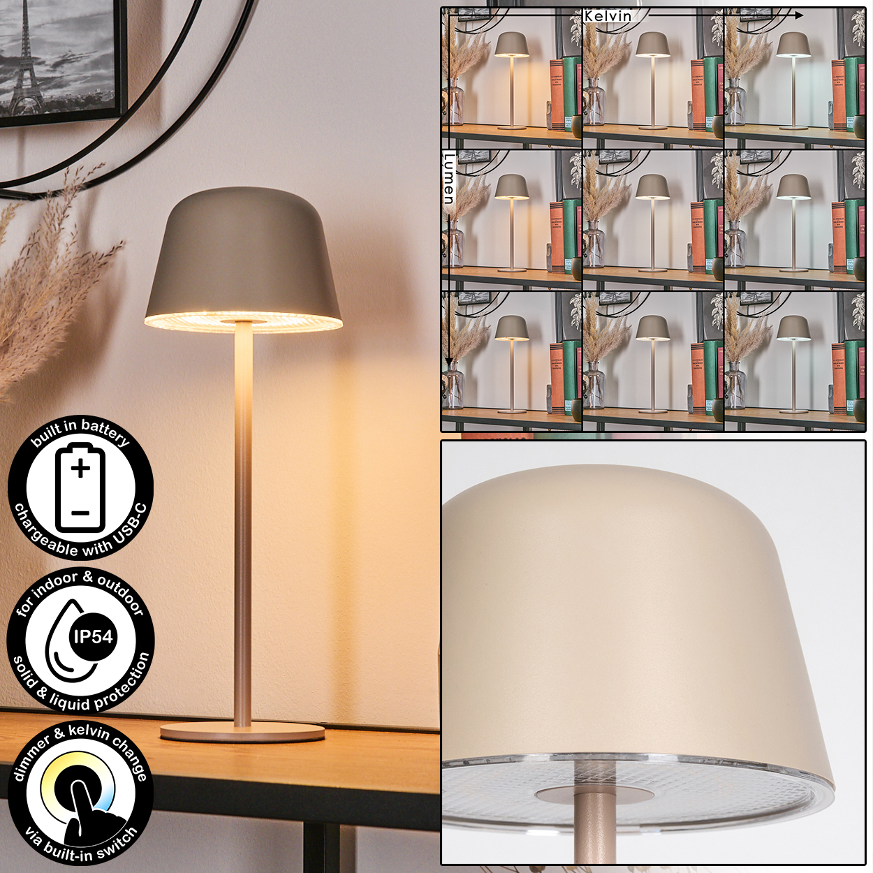 Eine graue Lampe mit USB-C, dimmbar und IP54 für drinnen/draußen.
