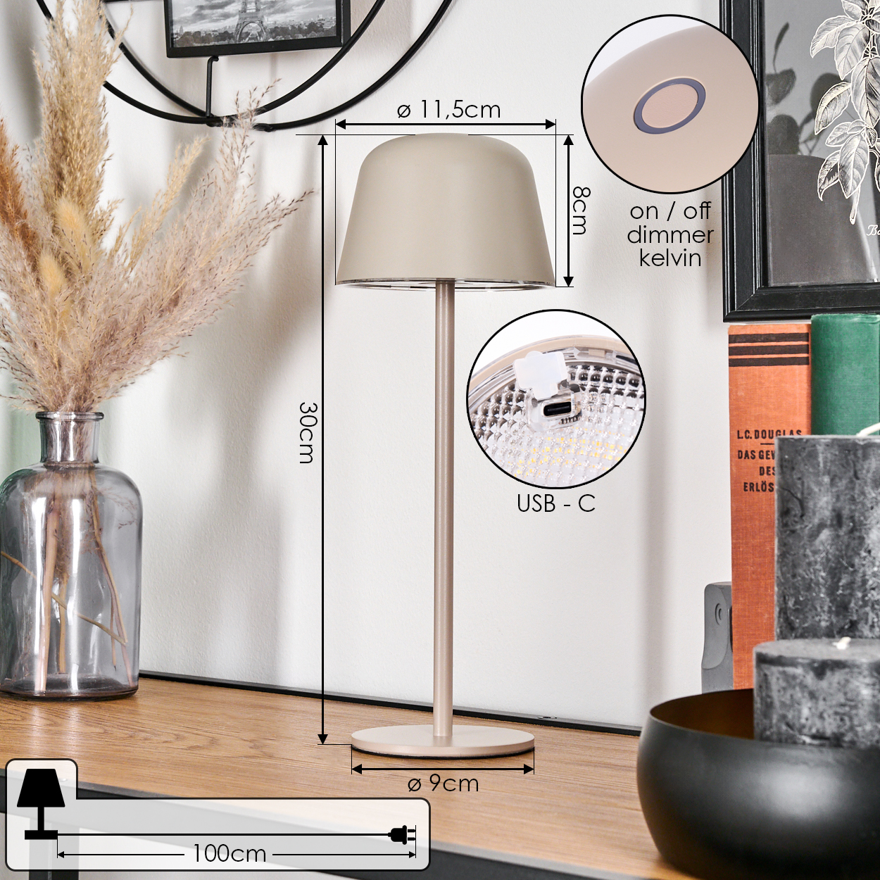 Eine beige Nachttischlampe mit USB-C-Anschluss und Touch-Bedienung.
