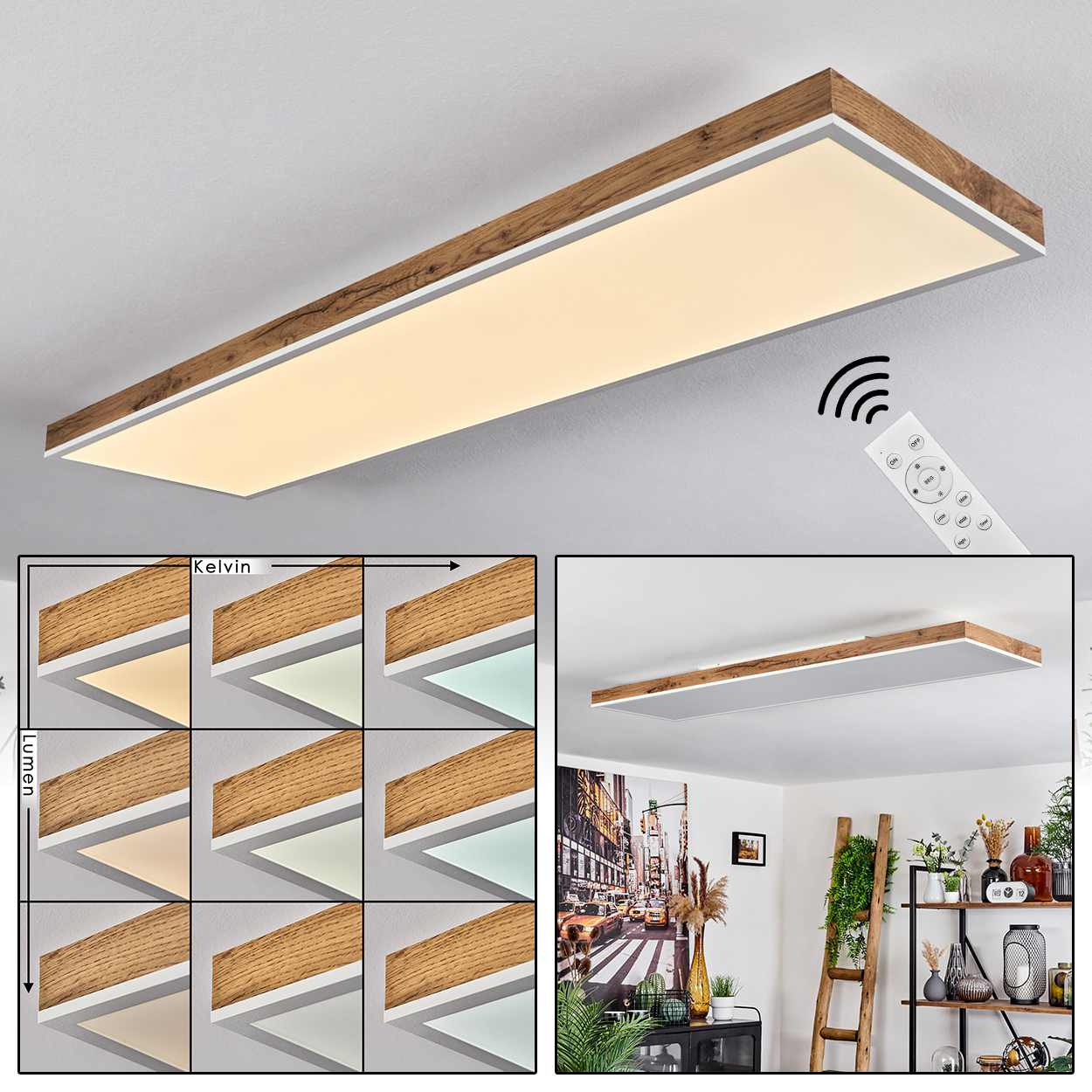 Moderne Deckenleuchte mit Holzrahmen, Fernbedienung und Farbwechsel-Optionen.