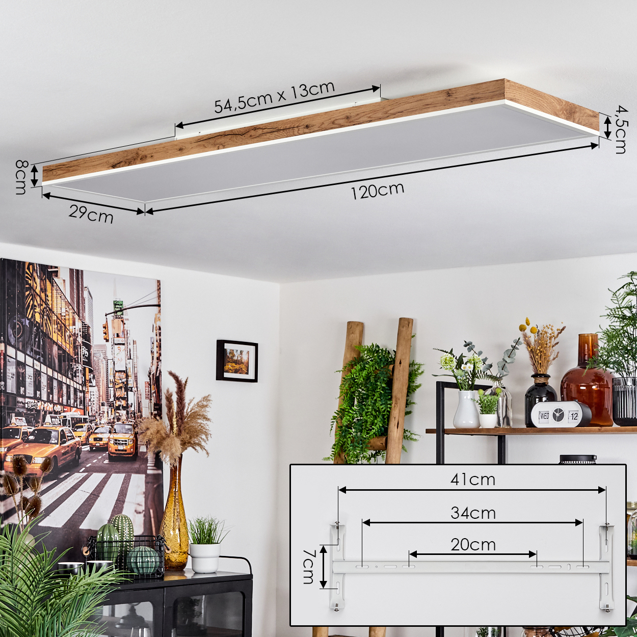 Eine rechteckige Deckenleuchte mit Holzrahmen und weißen Paneelen, Maße sind angegeben.