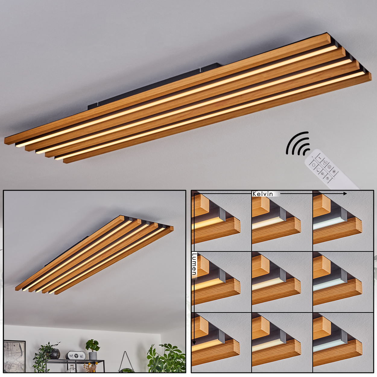 Deckenleuchte mit Holzlamellen und LED-Beleuchtung, Fernbedienung und Helligkeits-/Farboptionen.