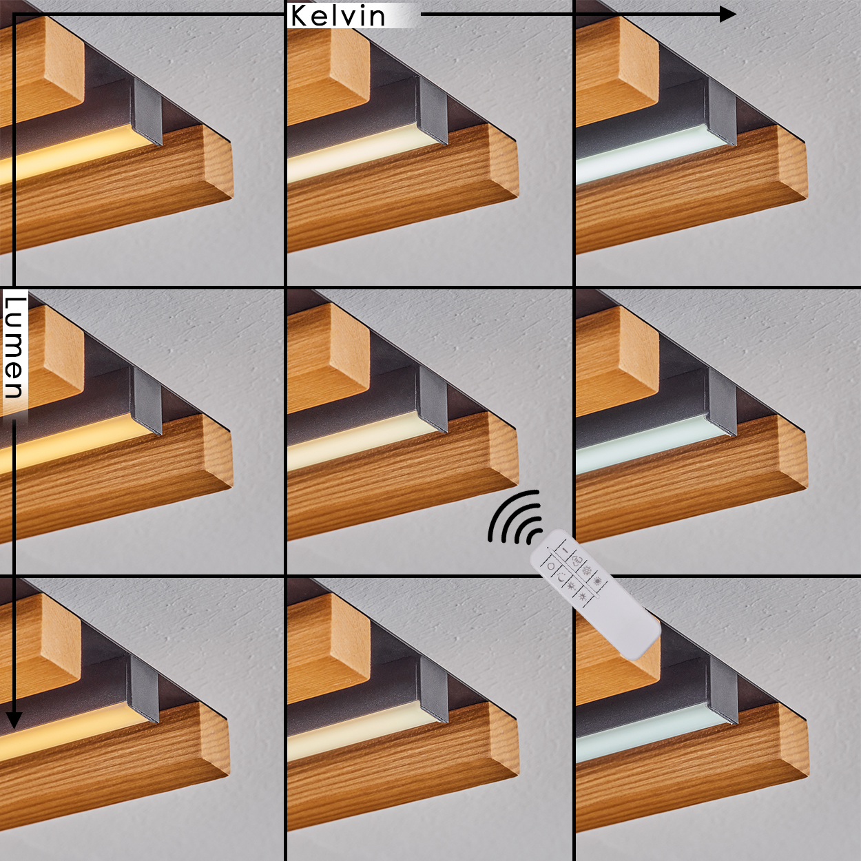 Holz- und Metallleuchte mit einstellbarem Lichtfarbton und Helligkeit.