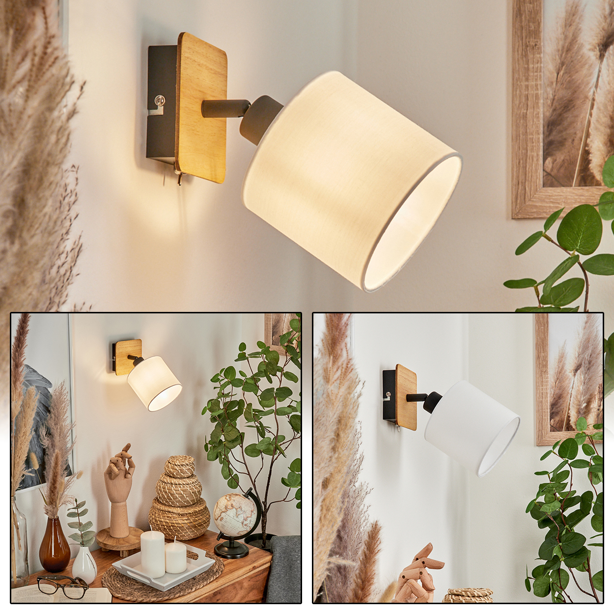 Wandleuchte mit Holz- und schwarzem Element, weißem Schirm.