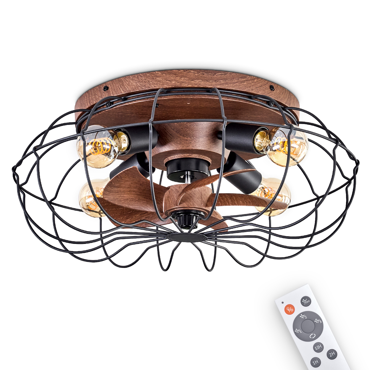Deckenlüfter mit Holzoptik, Metallkäfig und Glühbirnen. Fernbedienung daneben.