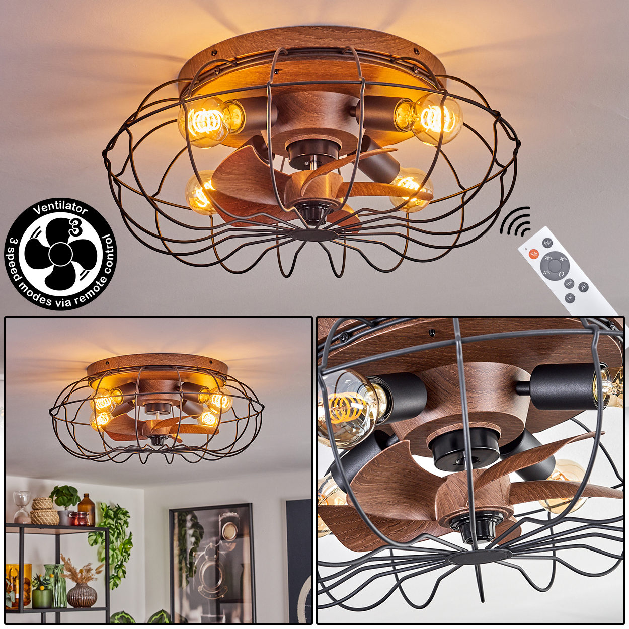 Deckenventilator mit Holzoptik, schwarzem Drahtkäfig, 4 Glühbirnen und Fernbedienung.