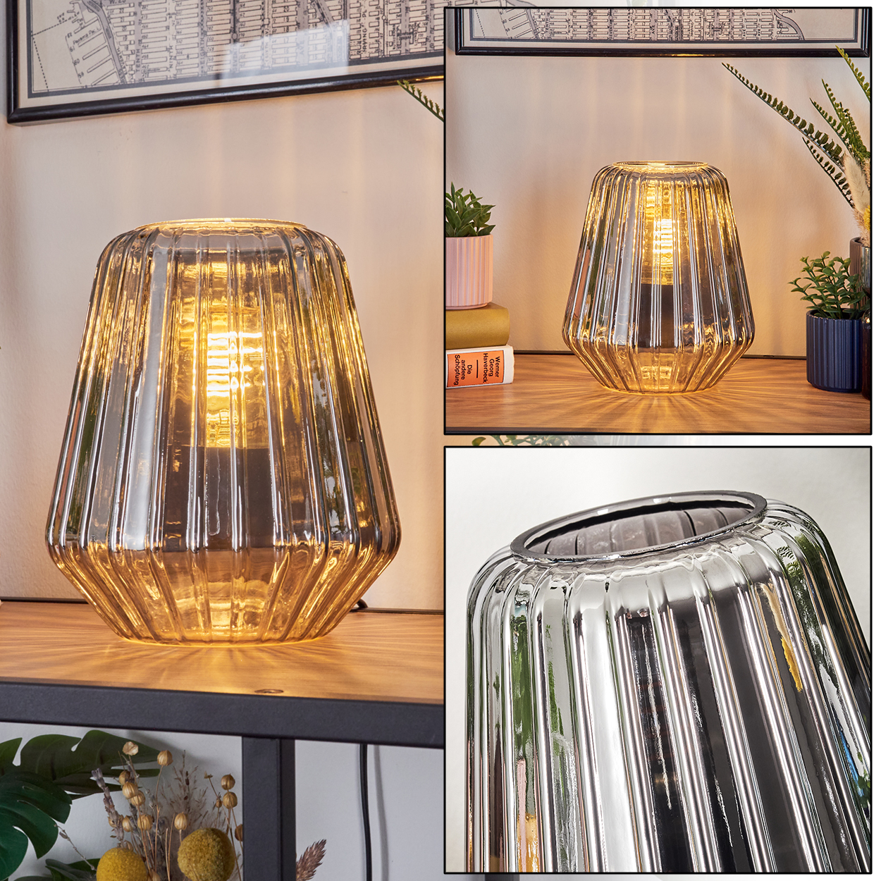 Eine gerippte Glaslampe mit Glühbirne leuchtet auf einem Regal.