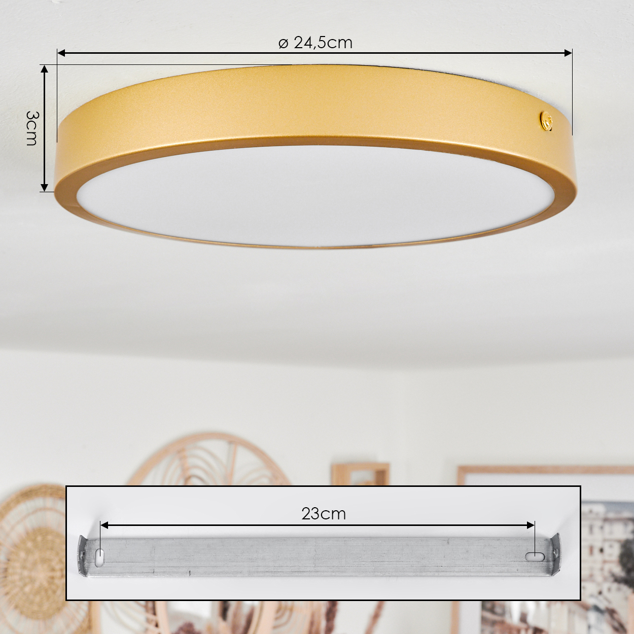 Runde goldene Deckenleuchte, 24,5cm Durchmesser, 3cm Höhe.