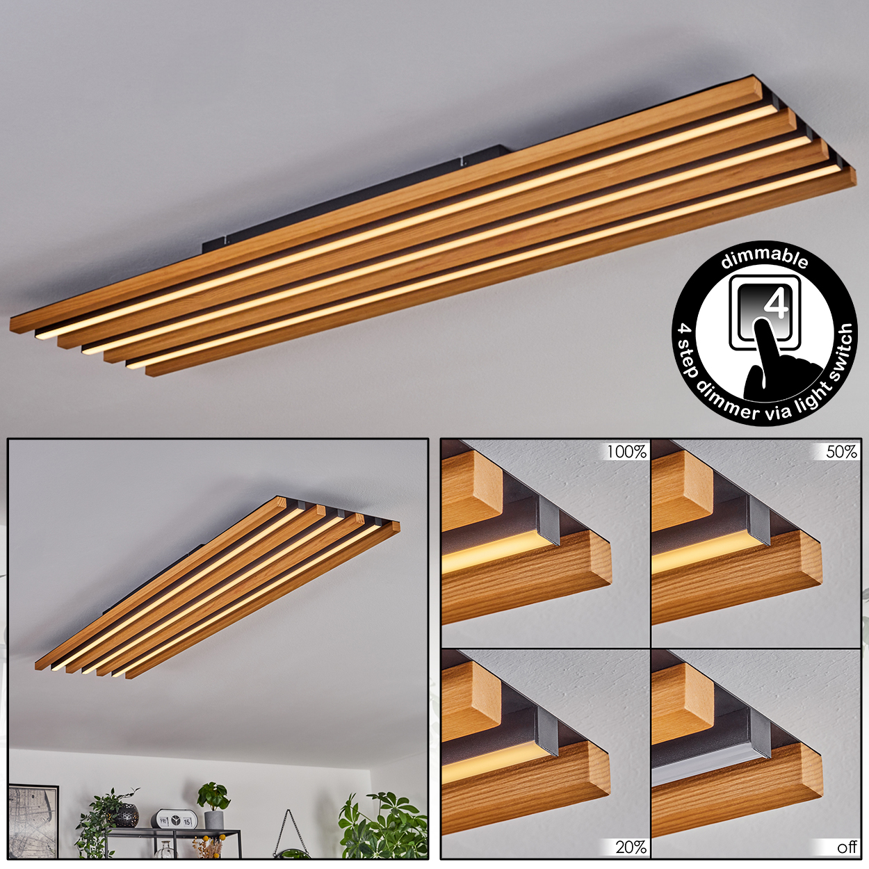 Deckenleuchte aus Holzlamellen mit integrierten LEDs, dimmbar.