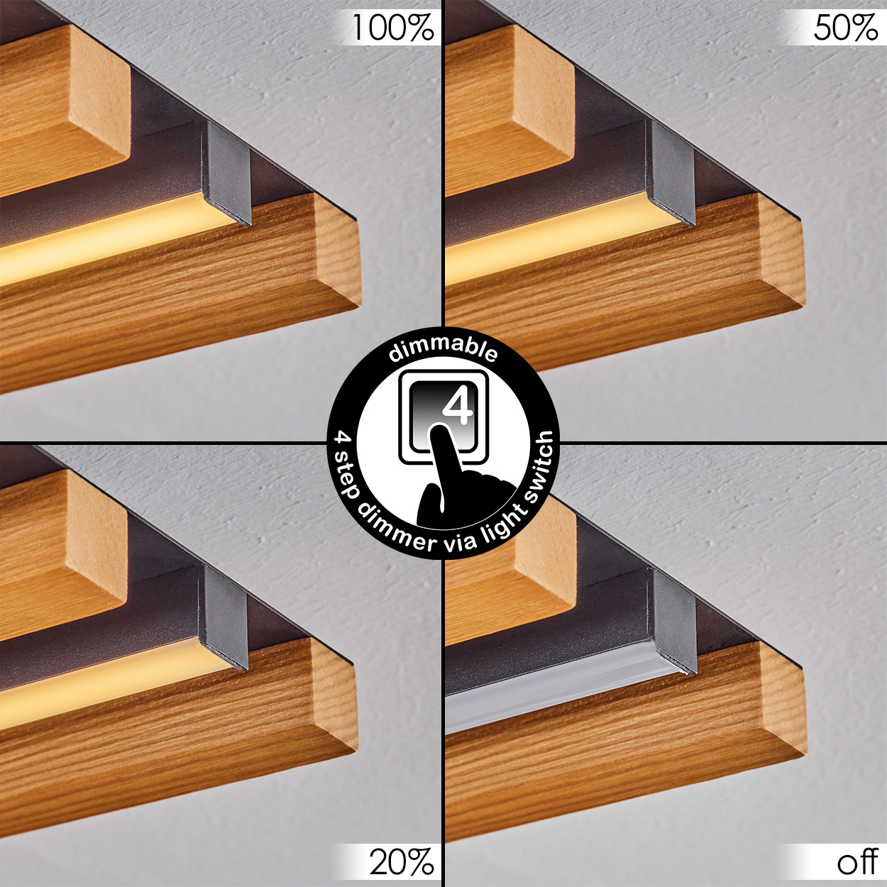 Holzleuchte mit 4-stufiger Dimmfunktion, von 100% bis aus.