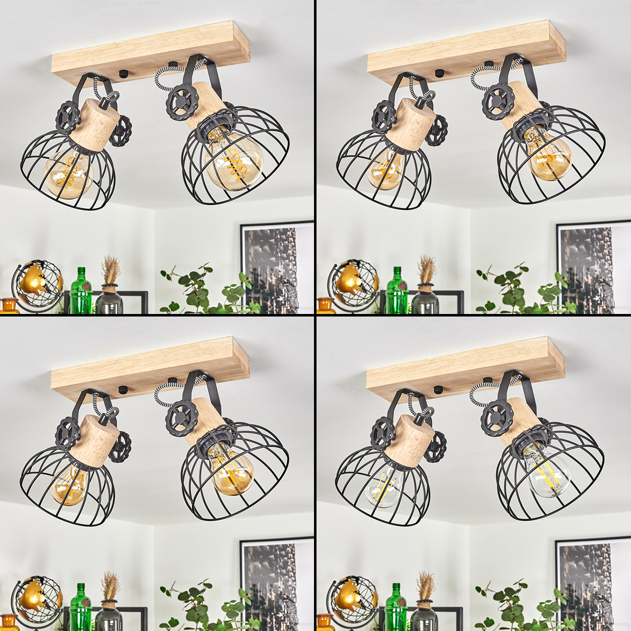 Holzdeckenleuchte mit zwei schwarzen Lampenschirmen mit Gittern und Glühbirnen.