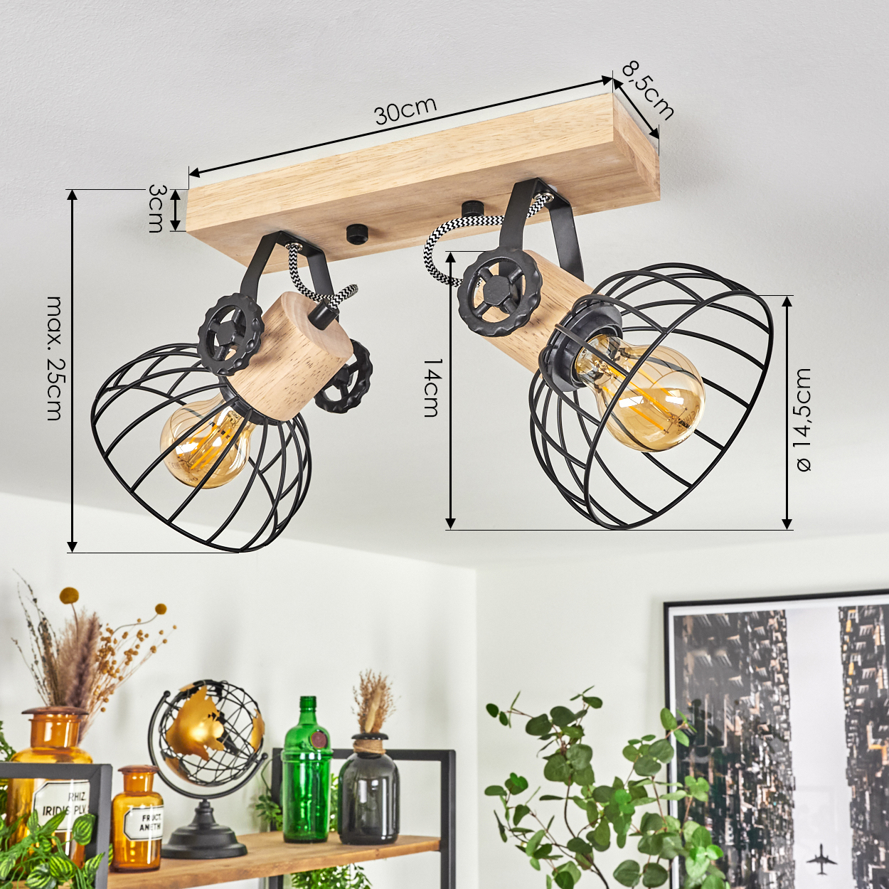 Holzdeckenleuchte mit zwei schwarzen Metallkäfiglampen und Glühbirnen.