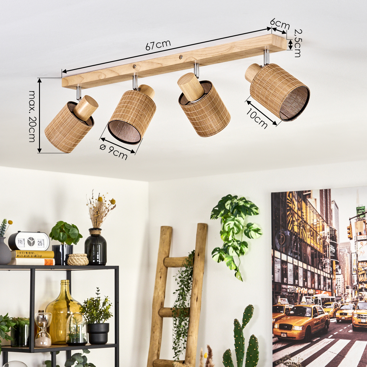 Deckenleuchte mit vier Körben aus Holz und Rattan, Maße angegeben.