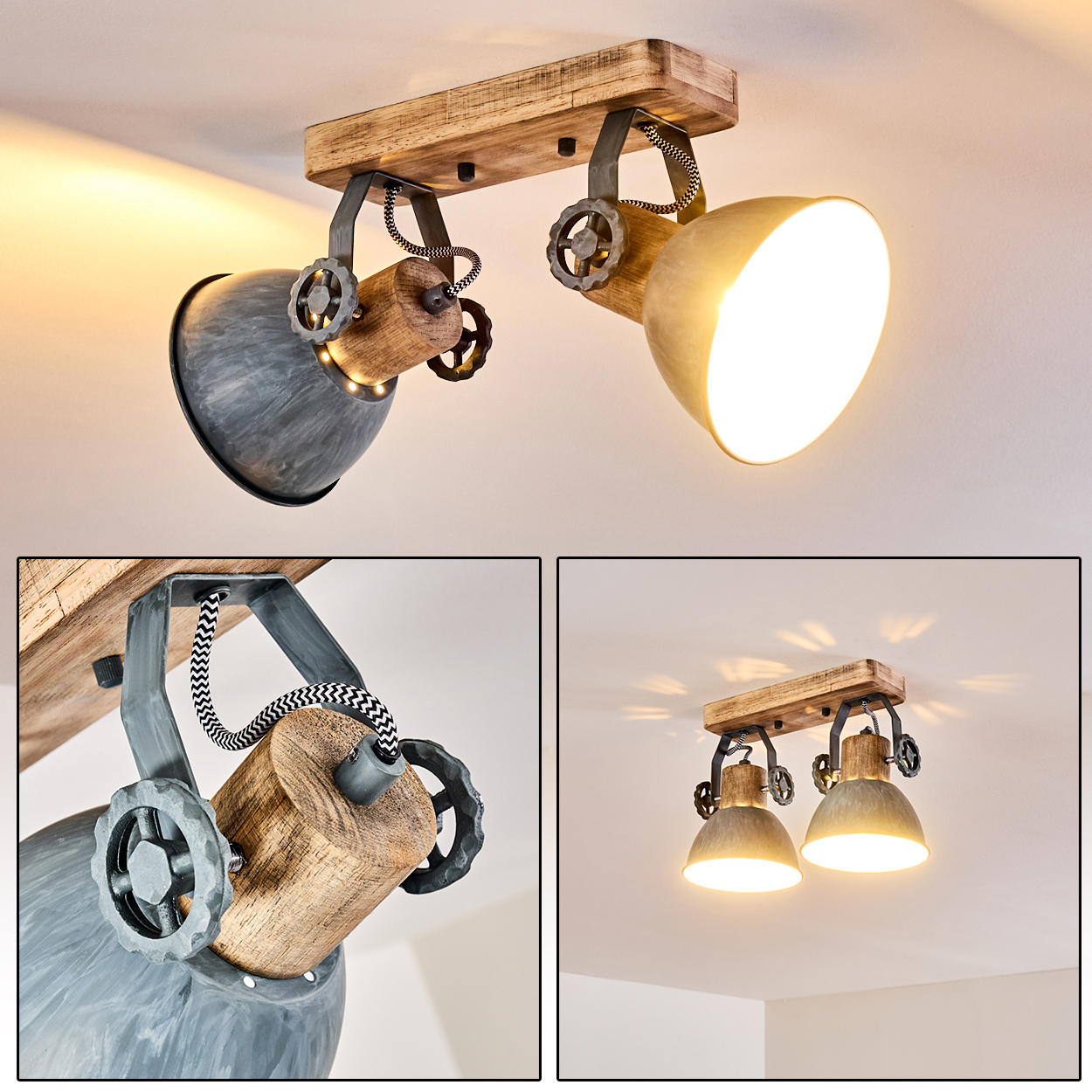 Deckenleuchte aus Holz und Metall mit zwei verstellbaren Spots.