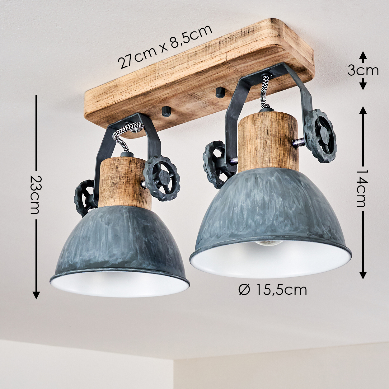 Deckenleuchte mit Holzsockel, zwei grauen Metallschirmen und Rädern.