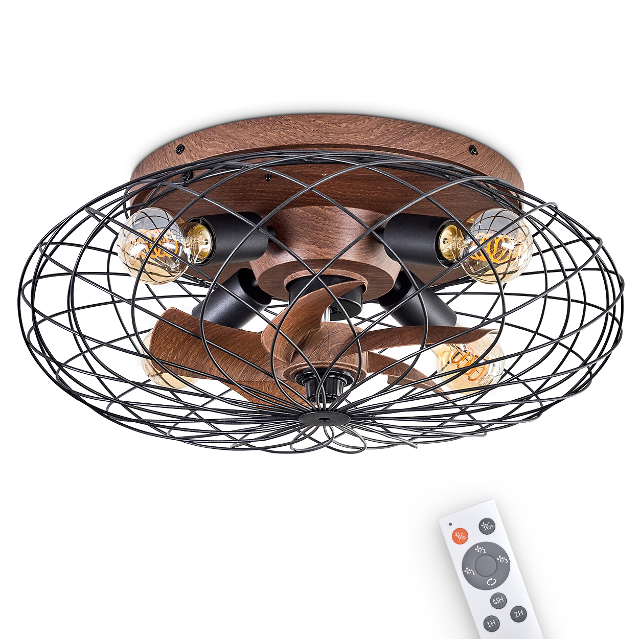 Deckenventilatorlampe mit Holzdetails, schwarzem Drahtkäfig und Fernbedienung.