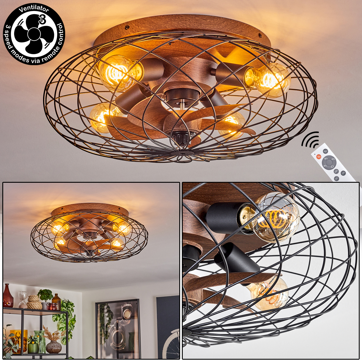 Deckenventilatorlampe mit Holzakzenten, schwarzem Drahtkäfig und Glühbirnen.