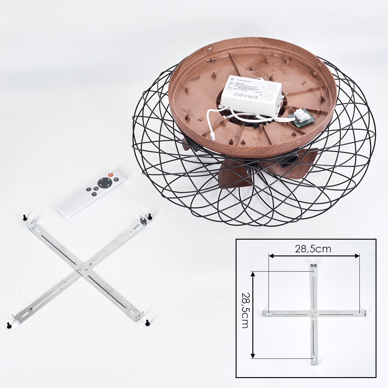 Deckenventilator-Teile: Lüfter, Fernbedienung, Halterung und Schrauben.