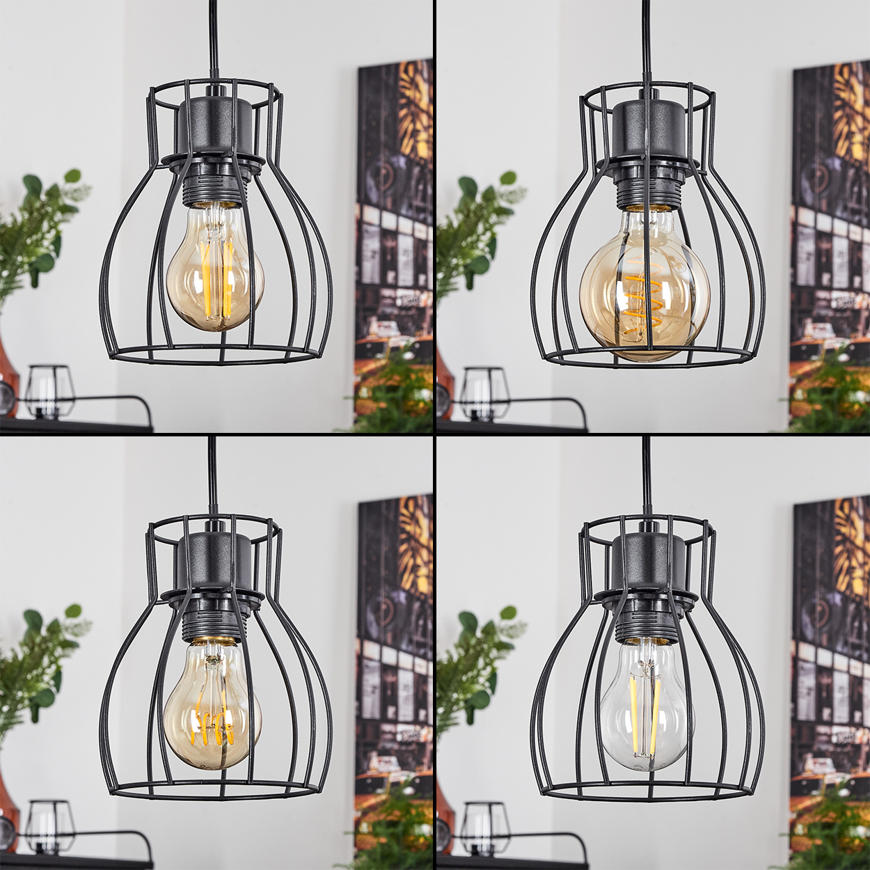 Vier Lampen mit schwarzem Drahtkäfig, eine mit Edison-Glühbirne, eine mit Spiral-Glühbirne.