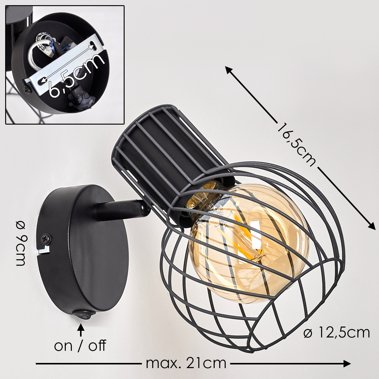 Schwarzer Wandspot mit Käfig-Lampenschirm und Glühbirne. Maße sind angegeben.