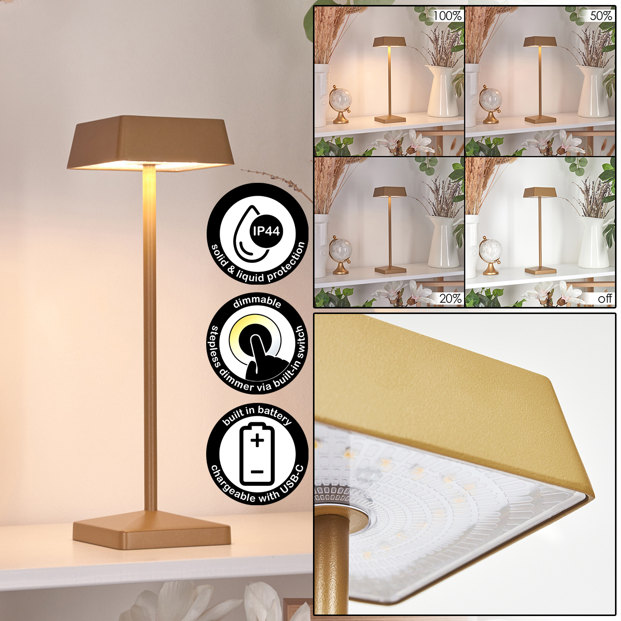 Goldene Lampe mit stufenlosem Dimmer und USB-C, IP44, dimmbar.