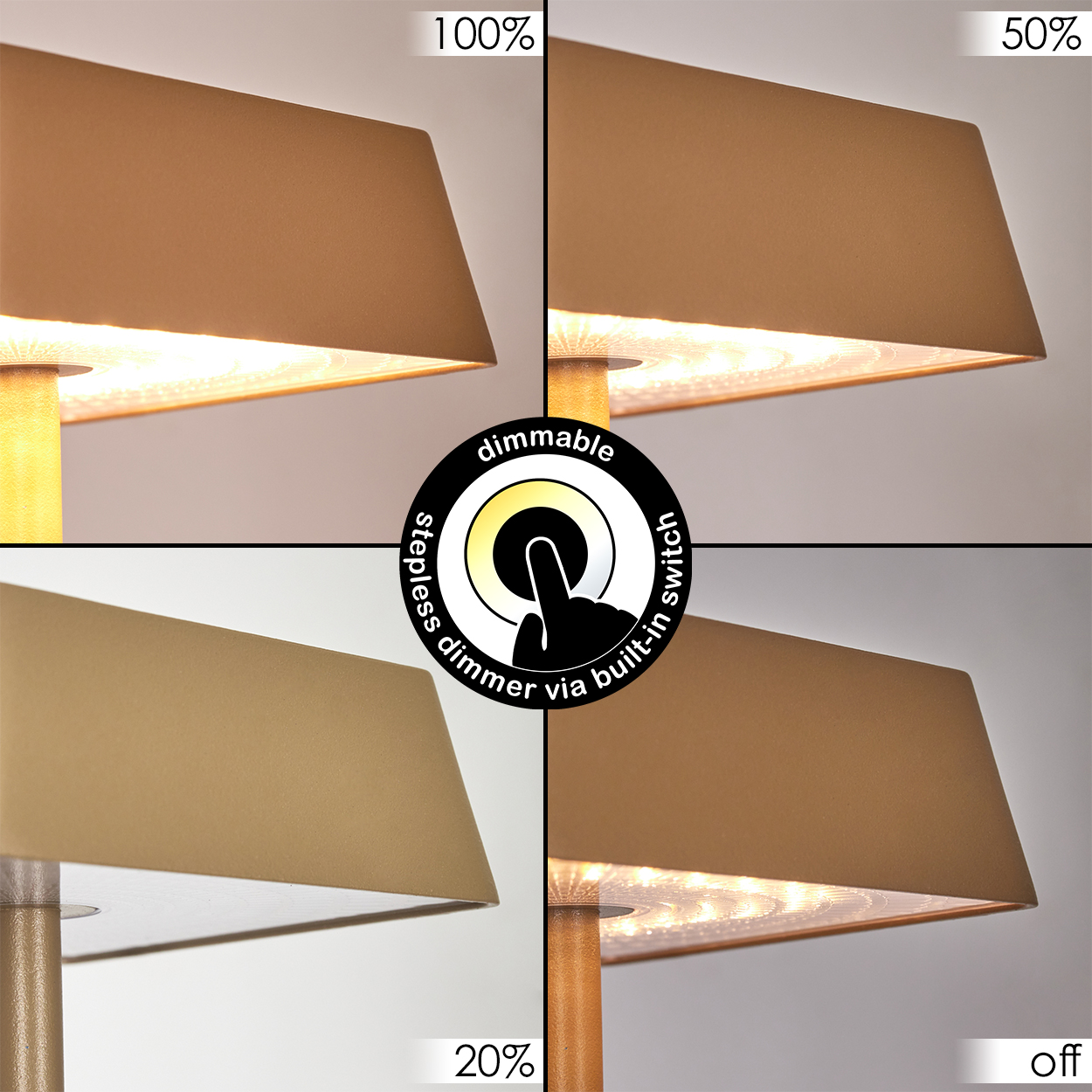 Lampe zeigt verschiedene Dimmstufen: 100%, 50%, 20% und aus.