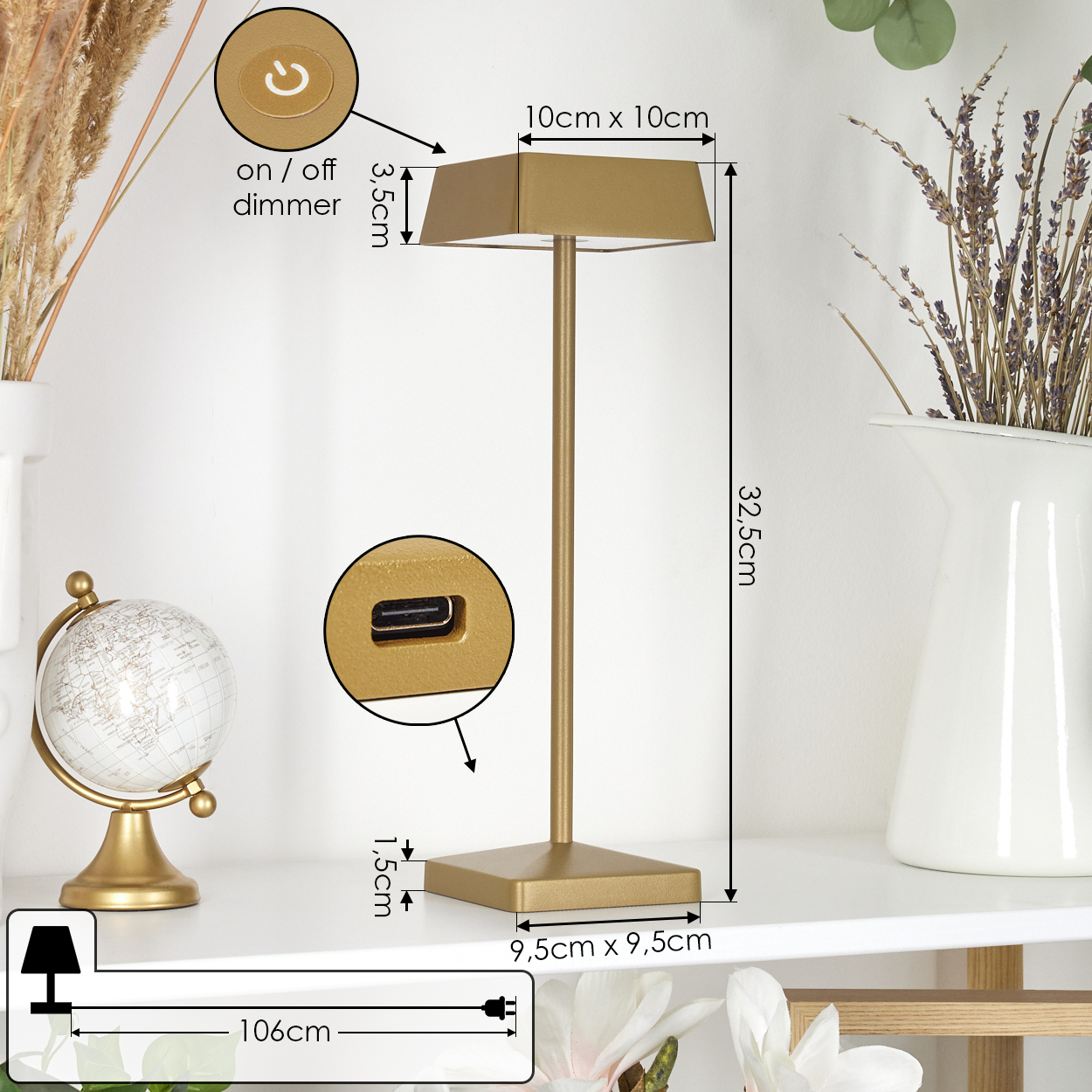 Goldene Tischlampe mit USB, Maße 32,5cm hoch, 10x10cm Schirm.