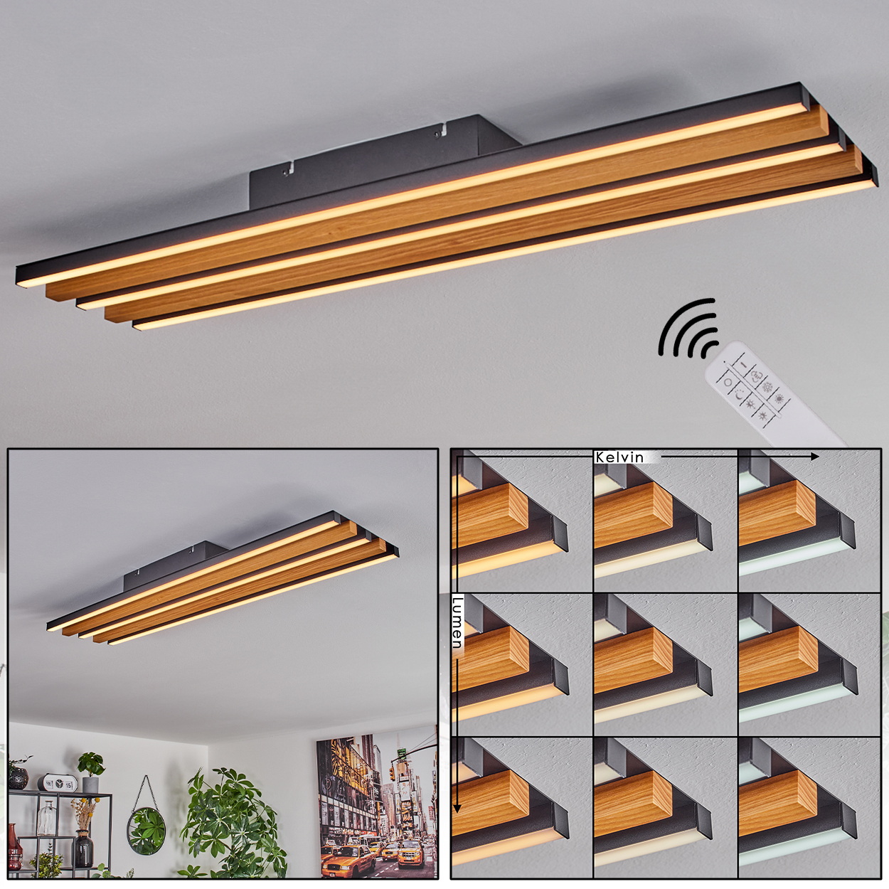 Moderne Deckenleuchte mit Holzlamellen und Fernbedienung. Zeigt Kelvin- und Lumen-Einstellungen.