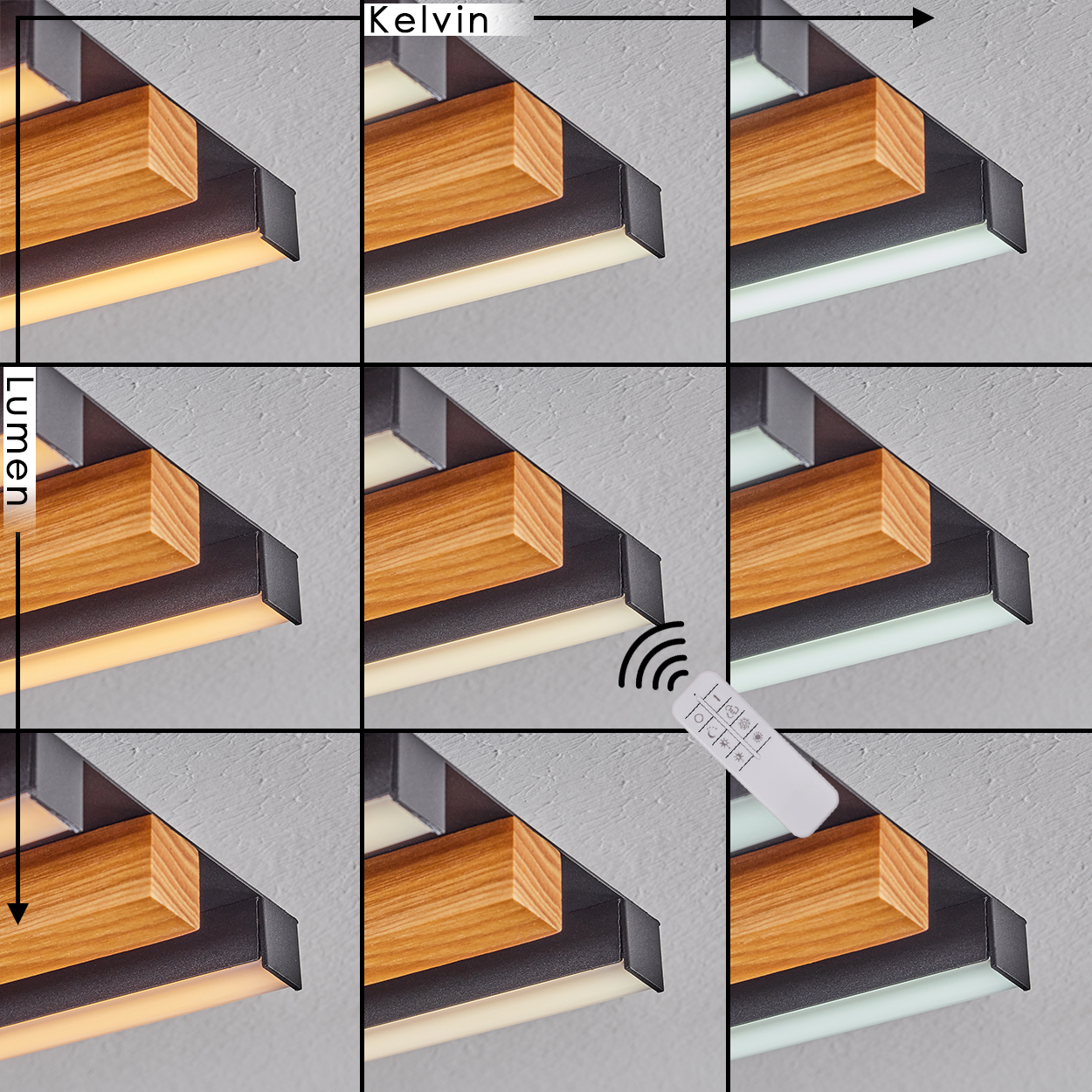 Ein Deckenlicht mit Holz- und Metallelementen in verschiedenen Lichtfarben.