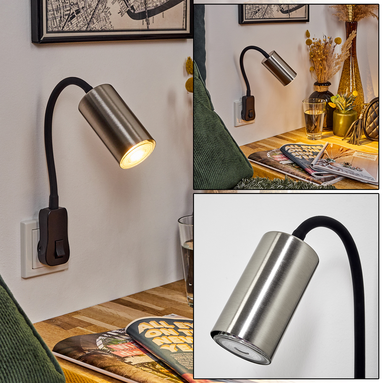Eine schwenkbare Metall-Wandlampe leuchtet auf einem Nachttisch.