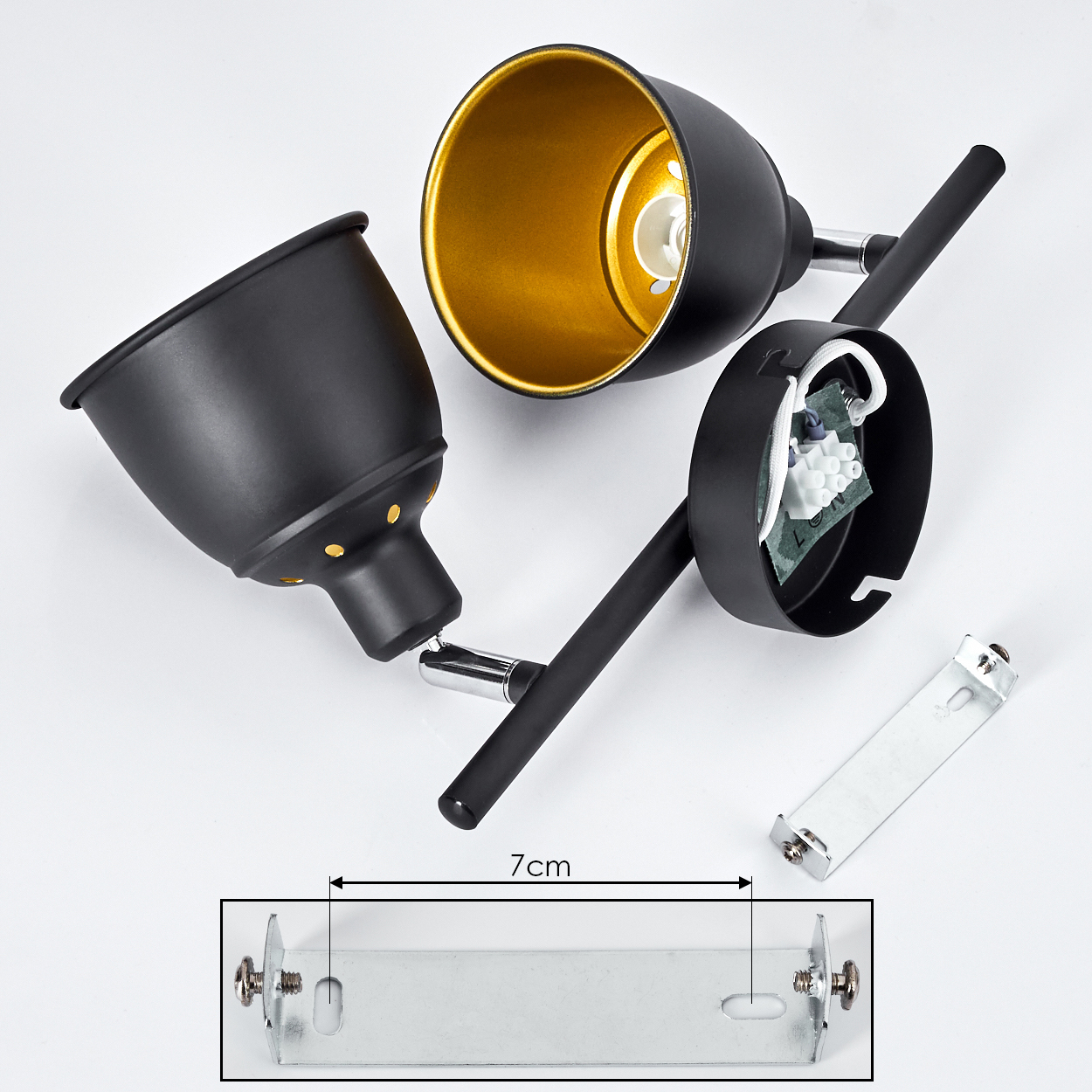 Schwarz-goldene Lampe, zerlegt mit Montagehalterung und 7cm Markierung.