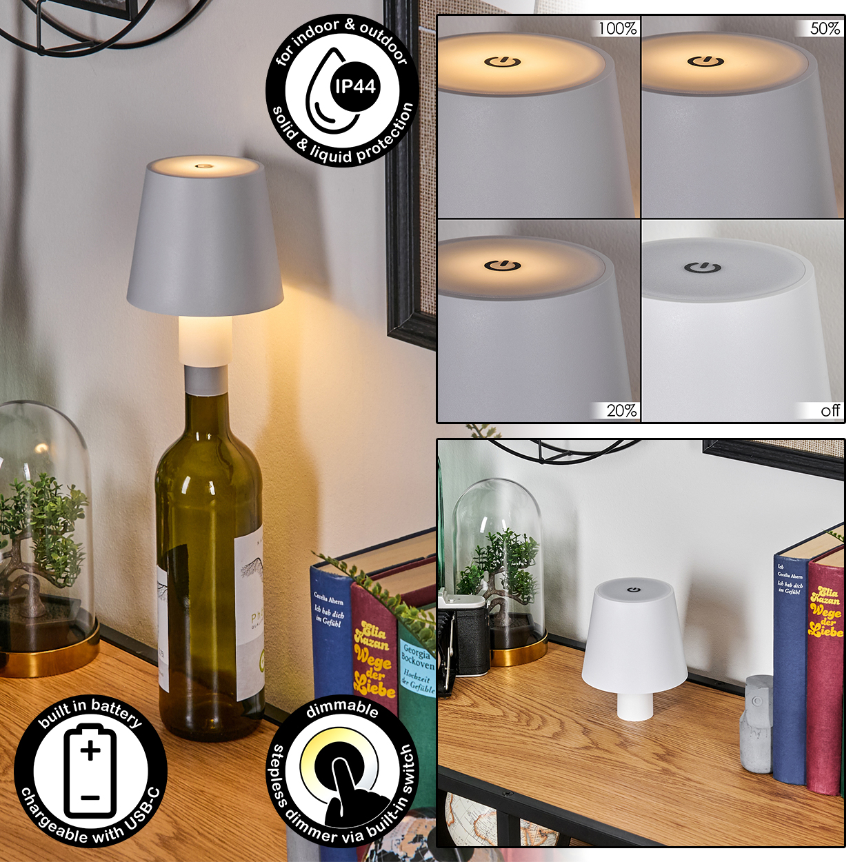 Graue Lampe auf Flasche, zeigt Helligkeitsstufen und IP44-Schutz.