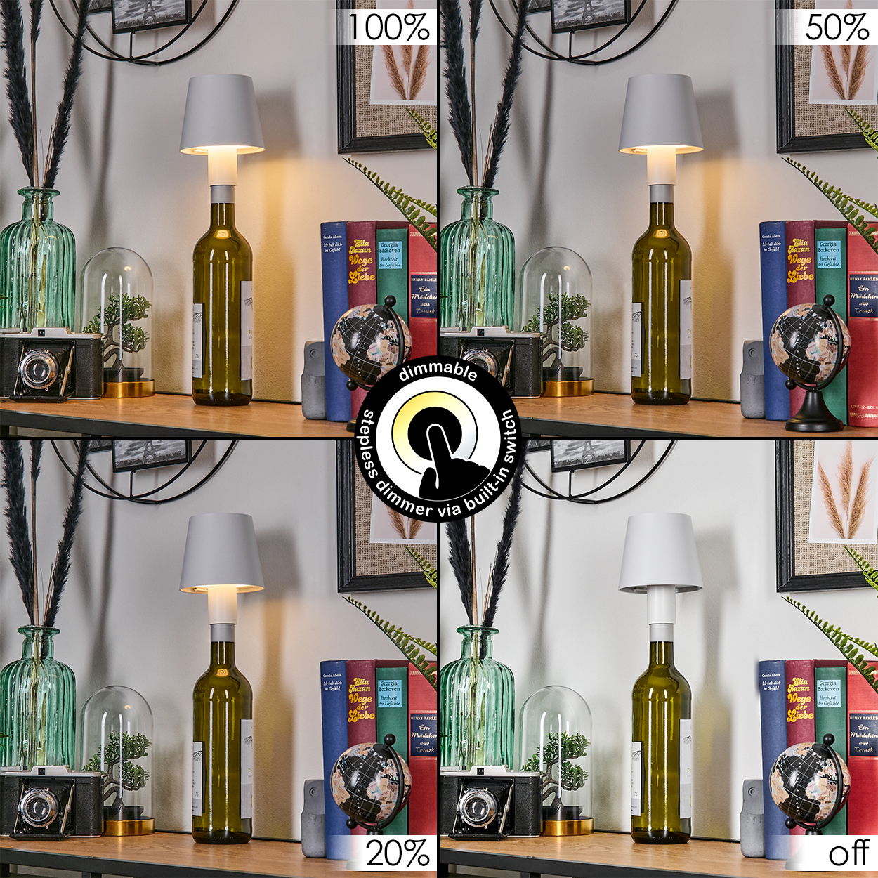 Vier Ansichten einer Lampe in einer Weinflasche bei 100%, 50%, 20% und aus.
