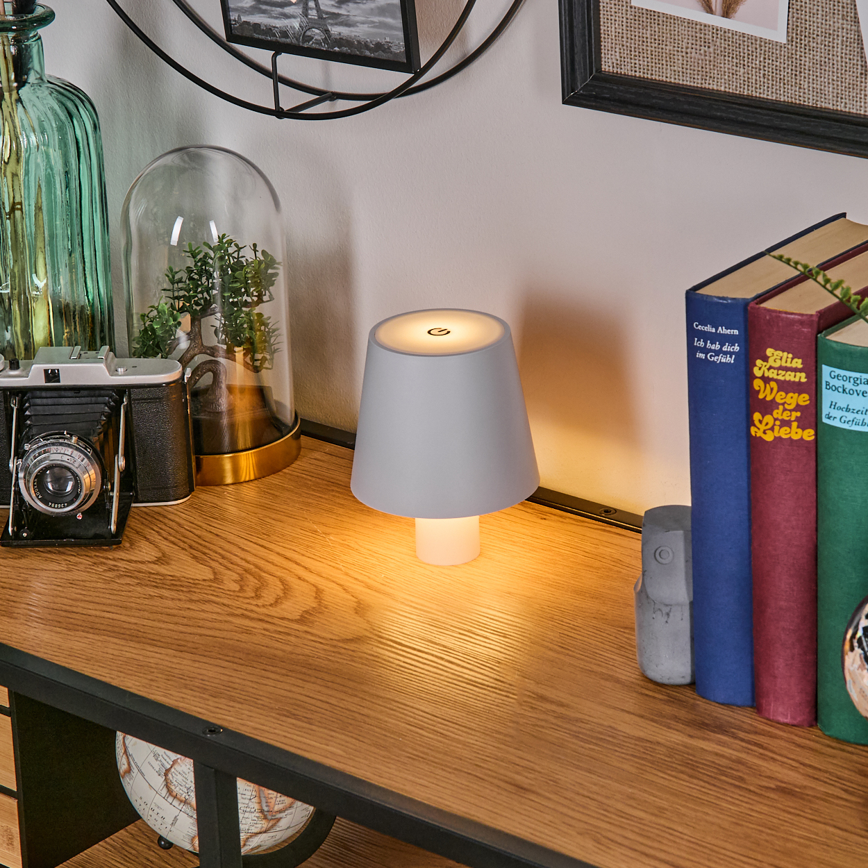 Graue Lampe auf einem Holztisch neben Büchern, Kamera und Pflanze.