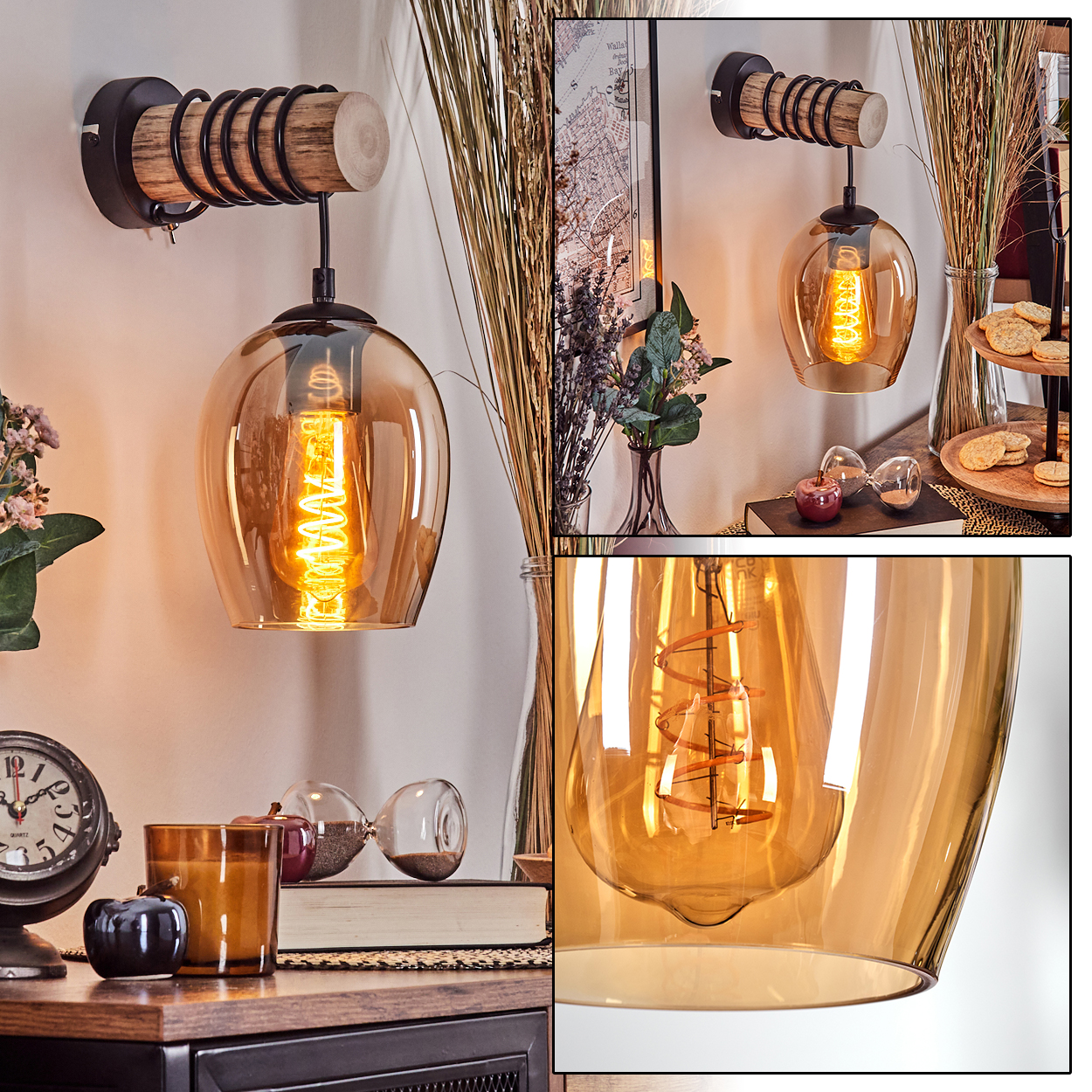 Eine Wandleuchte mit bernsteinfarbenem Glas und sichtbarer Glühbirne, montiert an Holz und Metall.