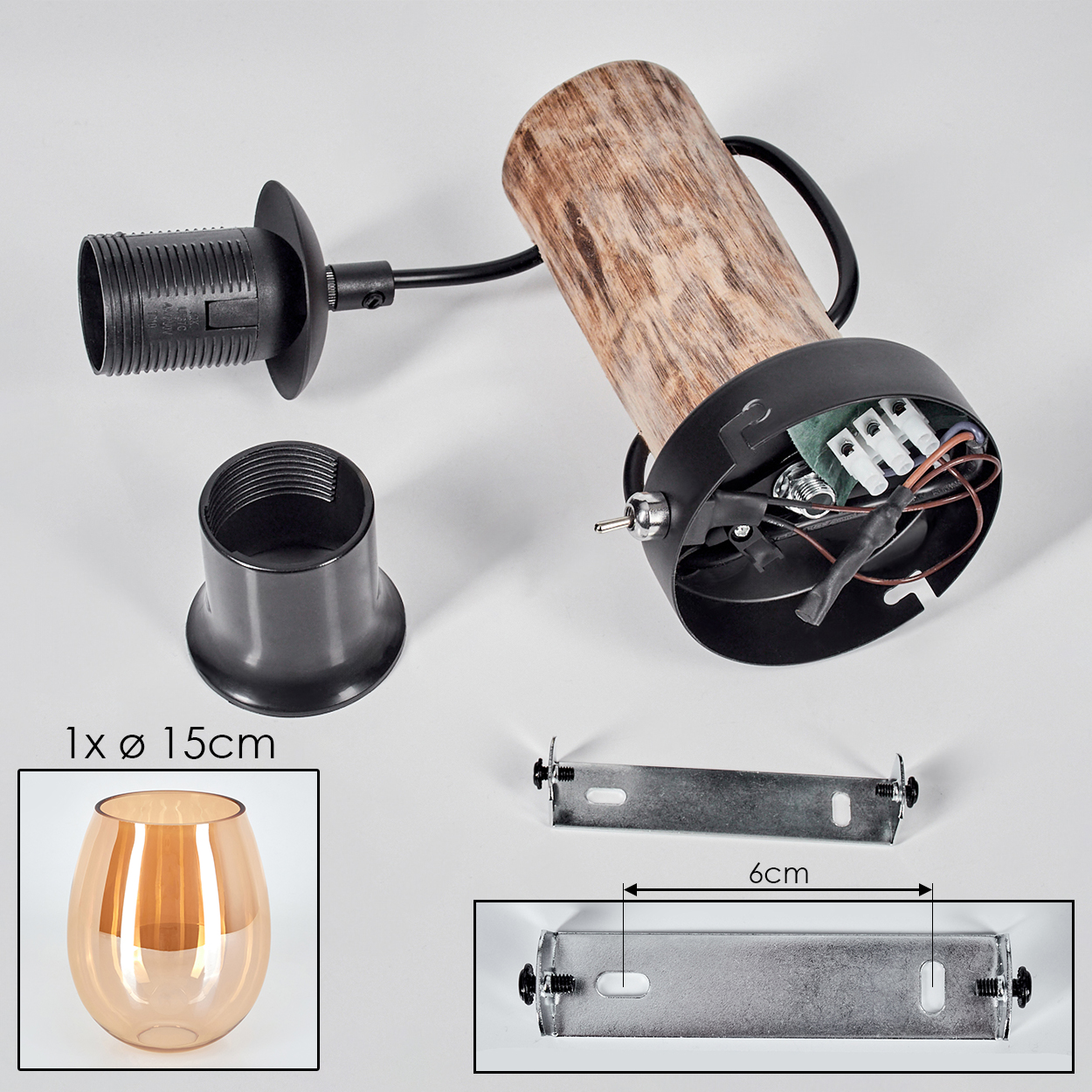Lampe mit Holzzylinder, schwarzem Sockel, Kabeln und Montagehalterung.