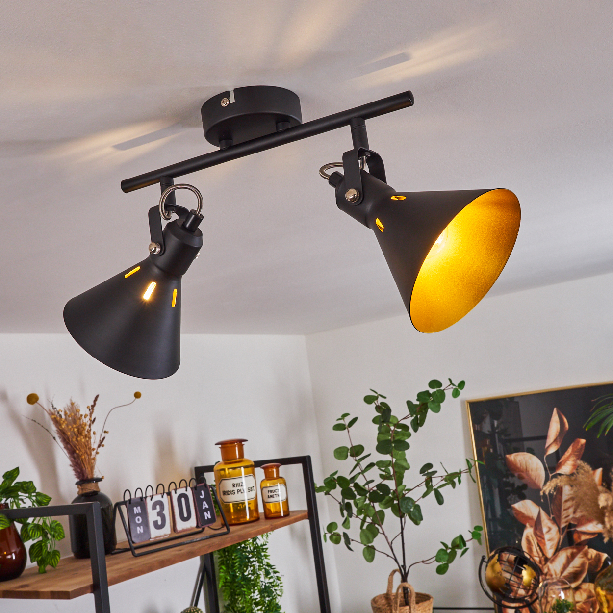 Schwarzer Deckenstrahler mit zwei verstellbaren Spots, goldene Innenseiten.