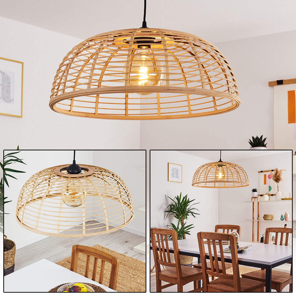 Eine Hängeleuchte aus hellbraunem Rattan über einem Esstisch mit Holzsessel.