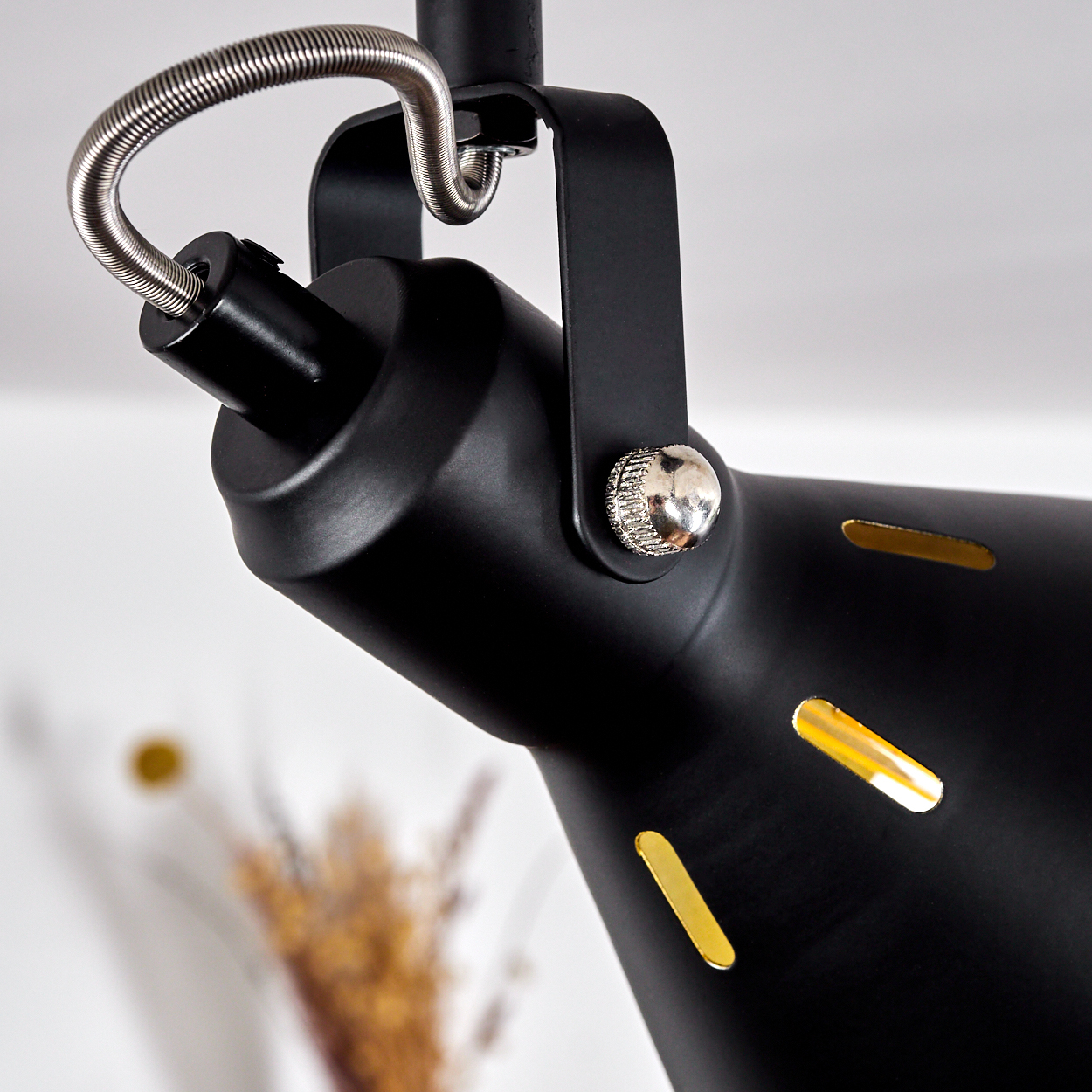 Nahaufnahme einer schwarzen Lampe mit Feder und Schraube, Goldakzenten.