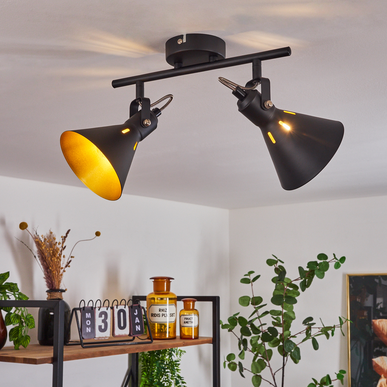 Schwarze Schienenleuchte mit zwei verstellbaren kegelförmigen Lampen mit goldenem Inneren an weißer Decke.