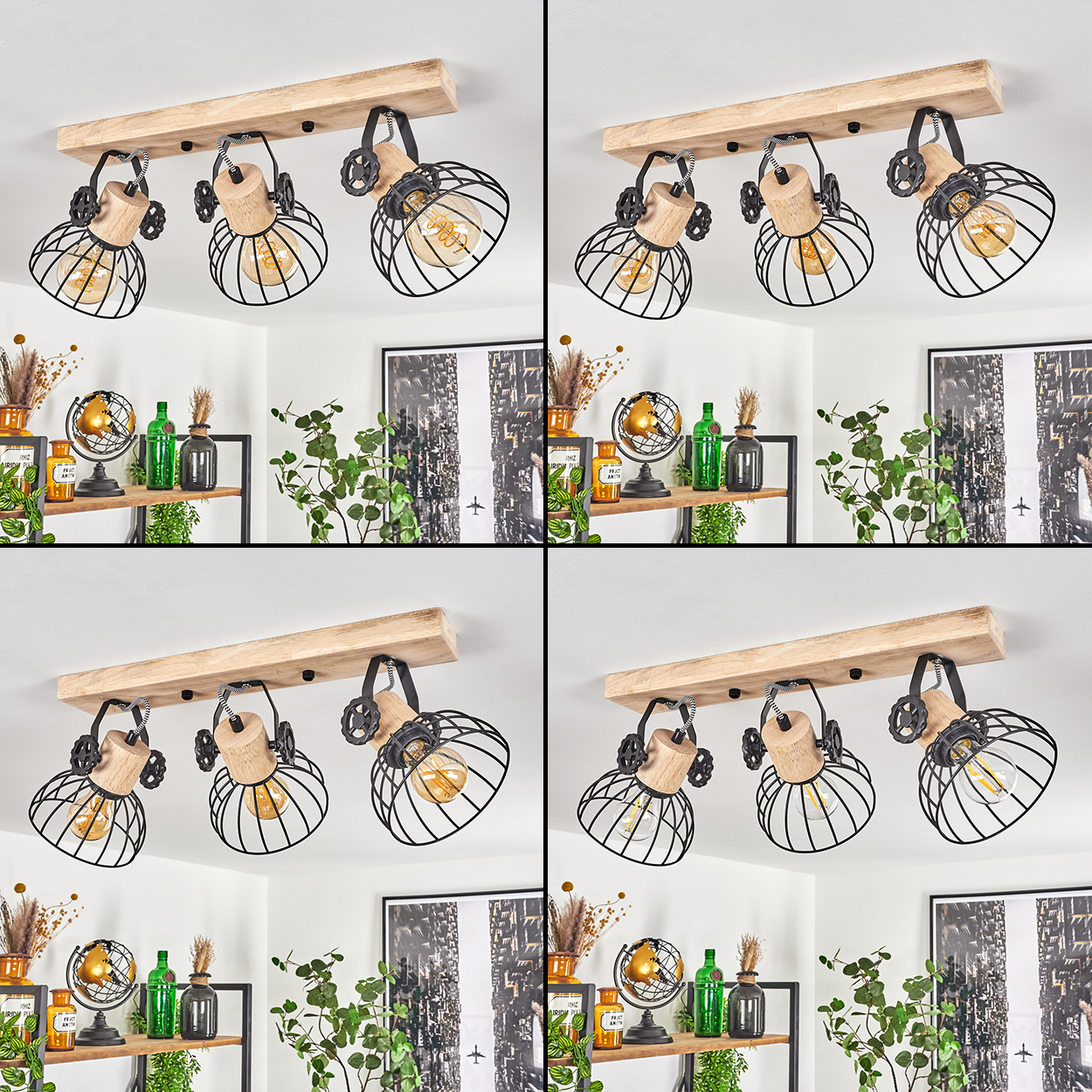 Deckenleuchte aus Holz mit drei schwarzen Lampenschirmen aus Drahtgeflecht.